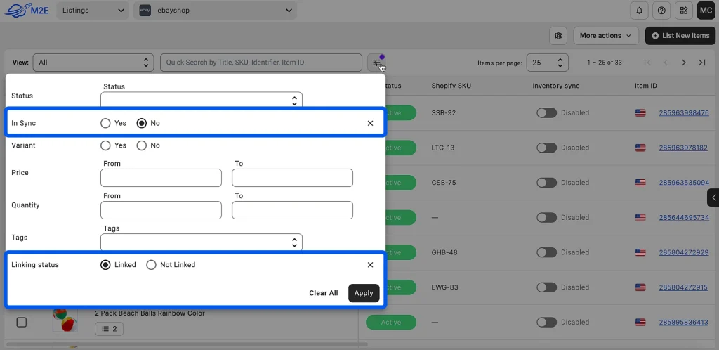 Znajdź niezsynchronizowane przedmioty w M2E Cloud