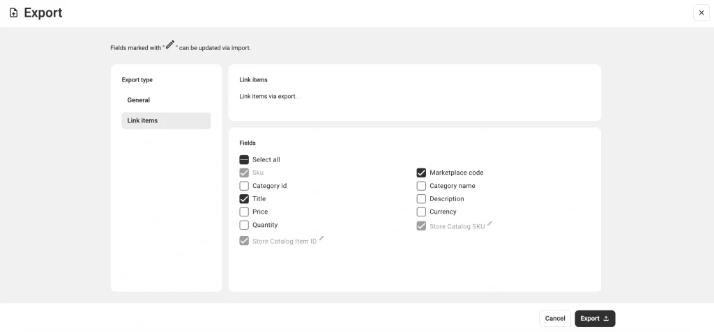 Połącz przedmioty za pomocą eksportu pliku CSV w M2E Cloud