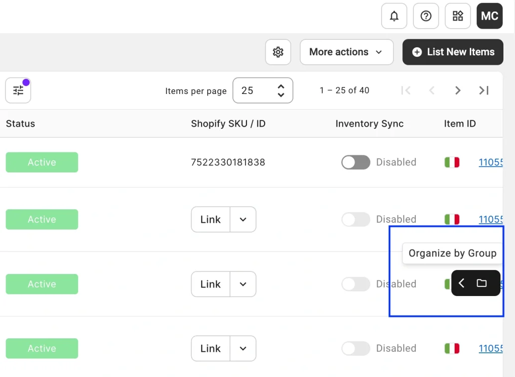 Zorganizuj przedmioty według grupy w M2E Cloud