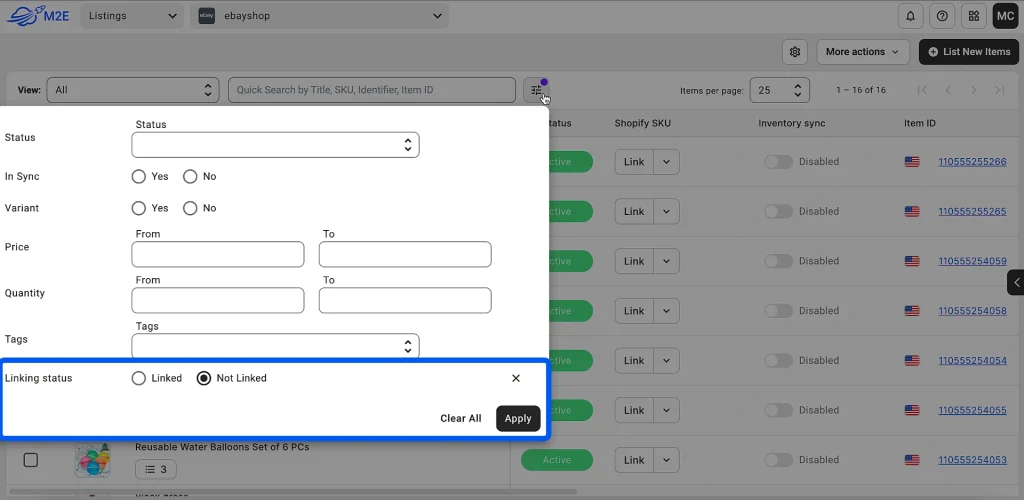Filtruj przedmioty niepowiązane w M2E Cloud