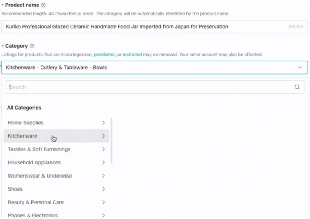 Product name & Category