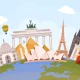Colorful collage of world landmarks circling a stylized globe—Big Ben, Sydney Opera House, Eiffel Tower, Parthenon, windmill, and more.