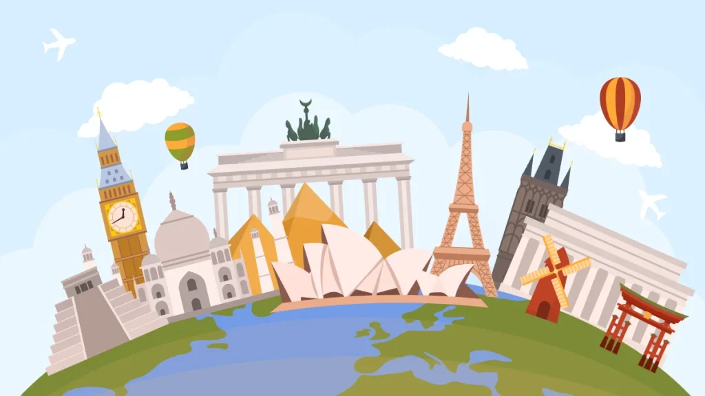 Playful illustration of world landmarks circling a globe, with hot air balloons and a blue sky backdrop