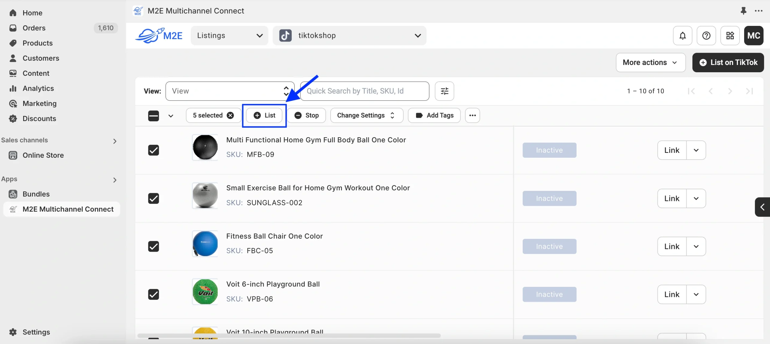 M2E Cloud TikTok Shop Annonce de produits en vrac