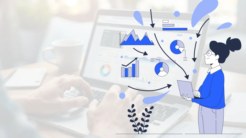 Illustration of a person in blue with a tablet standing beside a laptop, overlaid with data charts and arrows for analytics.