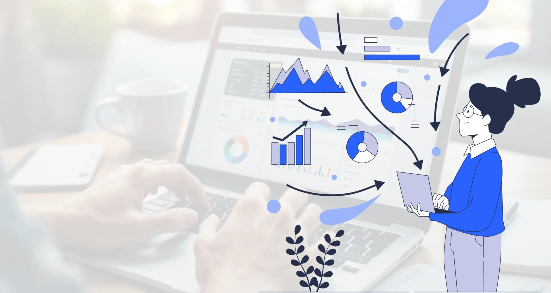Illustration of a person in blue with a tablet standing beside a laptop, overlaid with data charts and arrows for analytics.