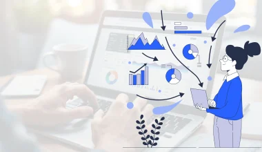 Stylized illustration of a woman with a tablet reviewing data on a laptop with charts and graphs.