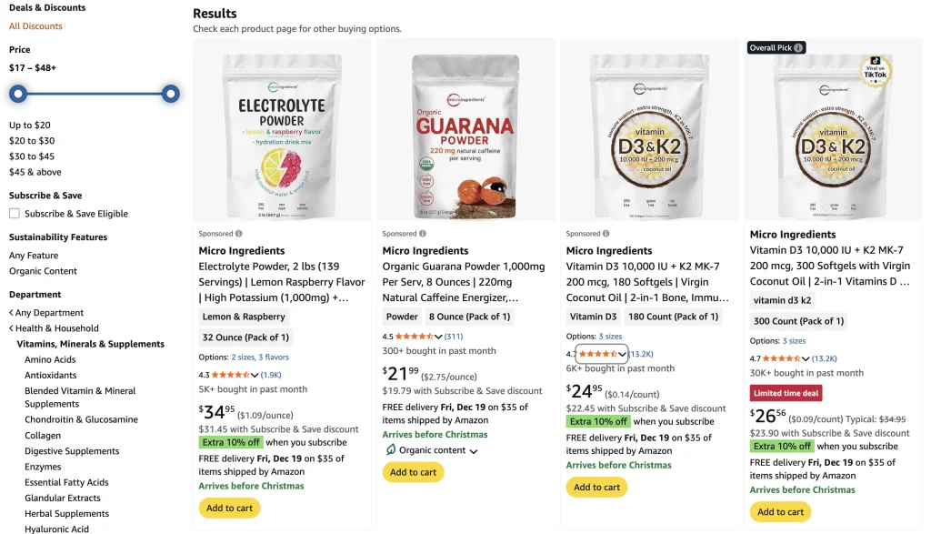 Sprzedaż suplementów na Amazon US: Strona wyszukiwania Amazon