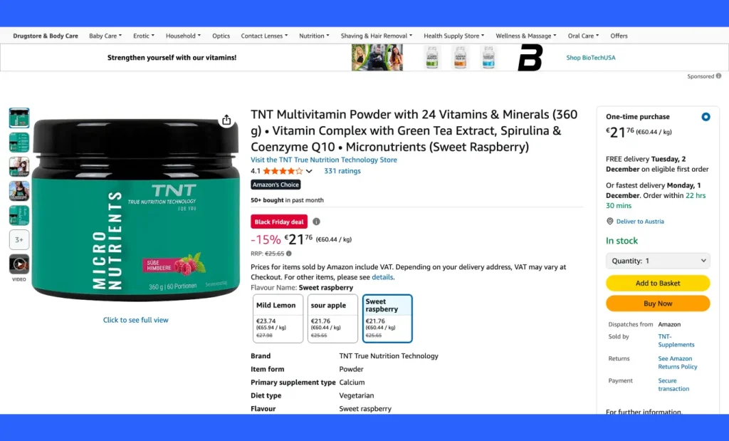 Prodej vitamínů a doplňků stravy na stránce produktu Amazon