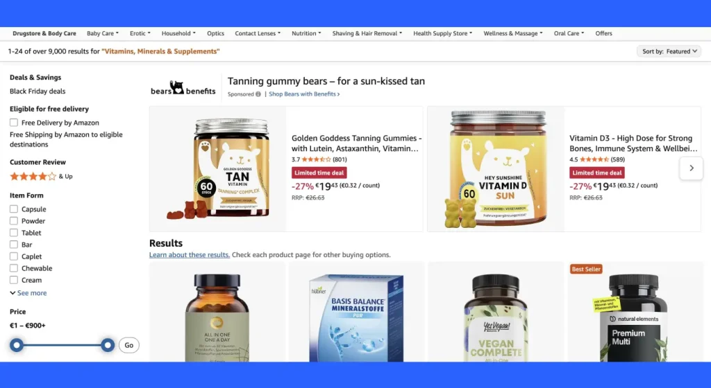Prodej vitamínů a doplňků stravy na vyhledávací stránce Amazonu
