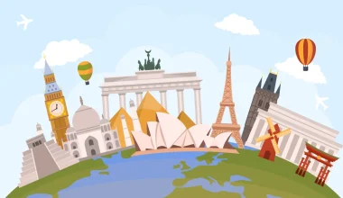 Colorful illustration of iconic world landmarks rising from a globe, including Big Ben, Eiffel Tower, Sydney Opera House, Taj Mahal, and pyramids with hot air balloons.