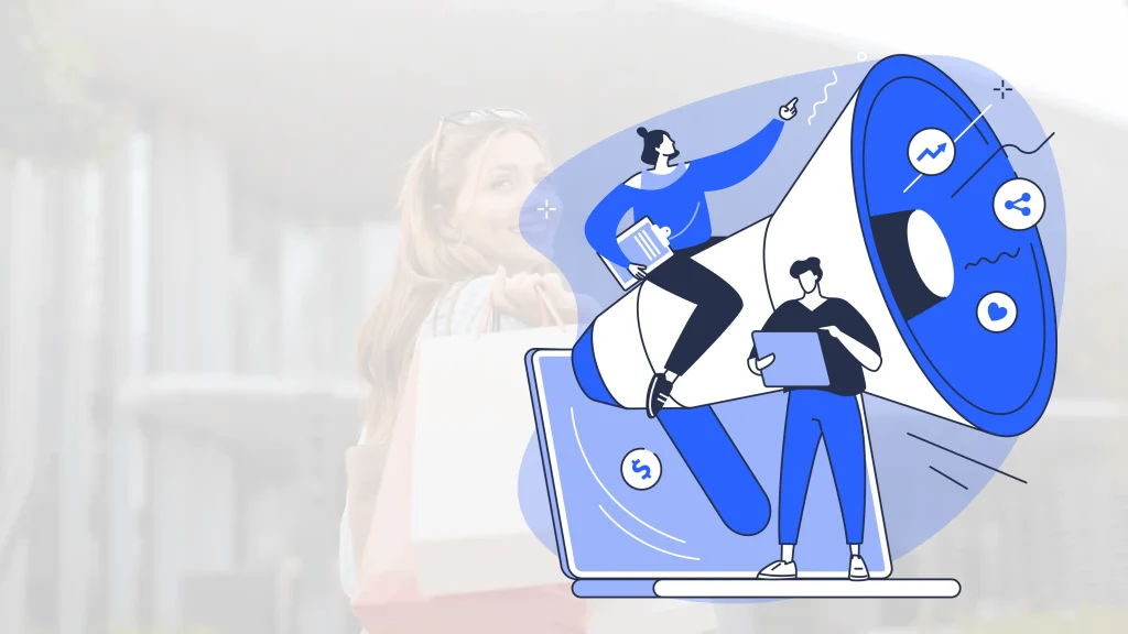 Abstract blue illustration of a megaphone with people and a laptop, symbolizing online marketing and sharing actions.