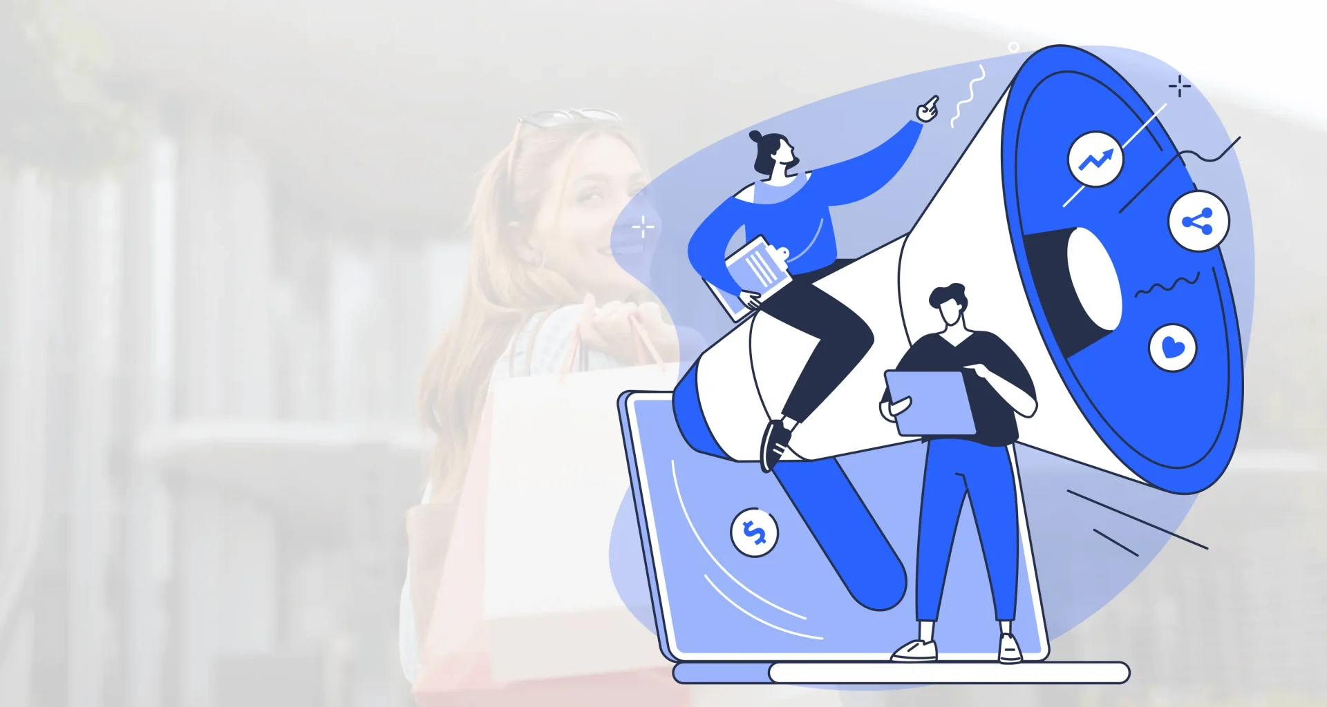 Abstract blue illustration of a megaphone with people and a laptop, symbolizing online marketing and sharing actions.