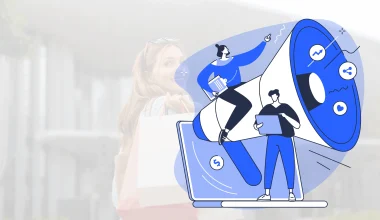 Abstract blue illustration of a megaphone with people and a laptop, symbolizing online marketing and sharing actions.