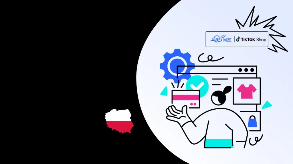 Illustration of an online store dashboard with clothing item icons, a shopping bag, and a TikTok Shop badge; Poland flag visible on the left.
