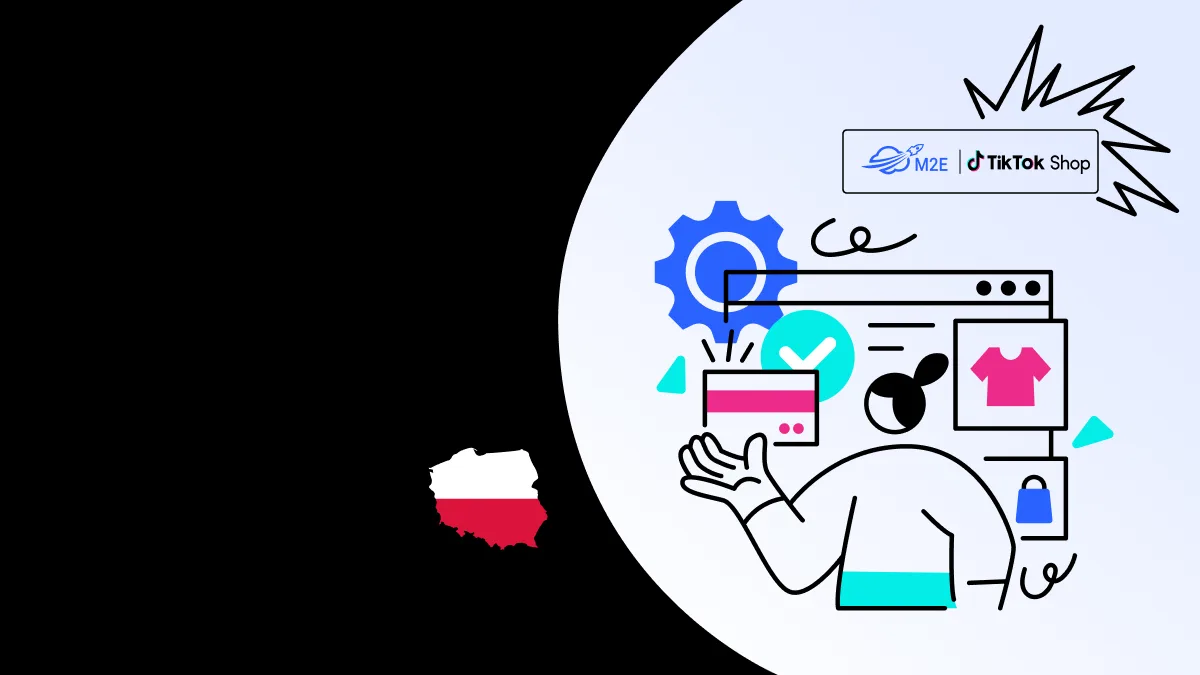 Illustration of an online store dashboard with clothing item icons, a shopping bag, and a TikTok Shop badge; Poland flag visible on the left.