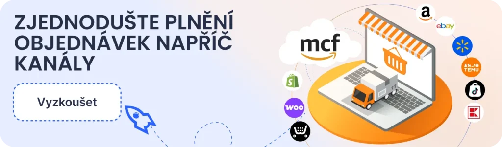 Promo banner in Czech: 'Zjednodušte plnění objednávek napříč kanály' with a 'Vyzkoušet' button; right side shows a laptop on an orange disk with a delivery truck and logos (Amazon, eBay, Temu, TikTok, Shopify, Woo) circling.