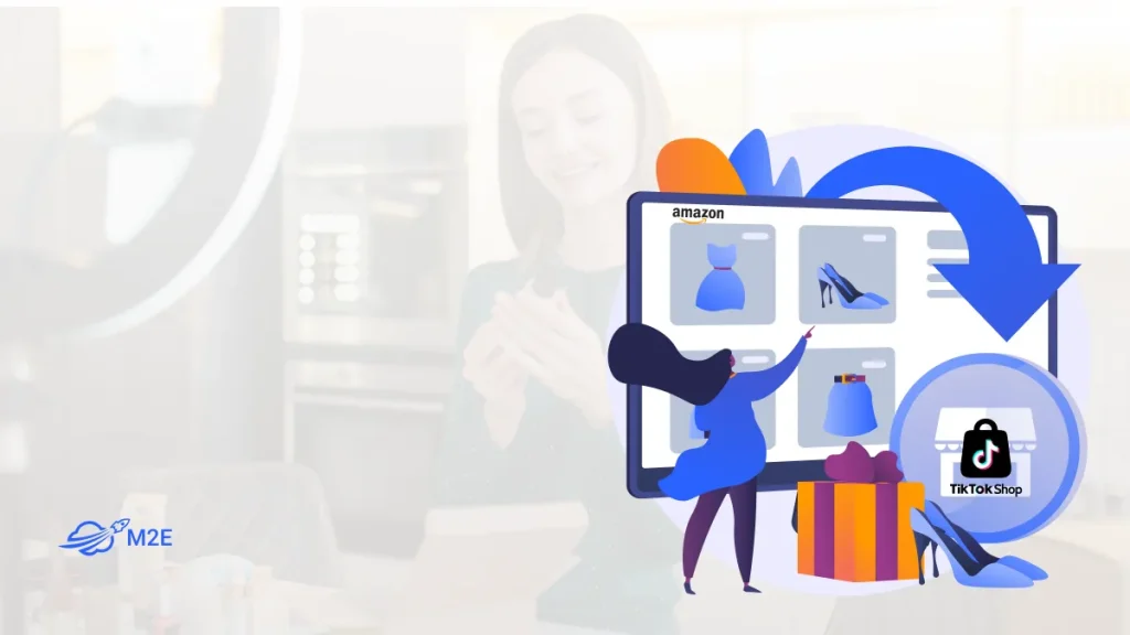 Illustration of a shopper browsing an online storefront with clothing items on a tablet, featuring Amazon and TikTok Shop logos in the scene.