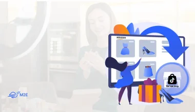 Illustration of a shopper browsing an online storefront with clothing items on a tablet, featuring Amazon and TikTok Shop logos in the scene.
