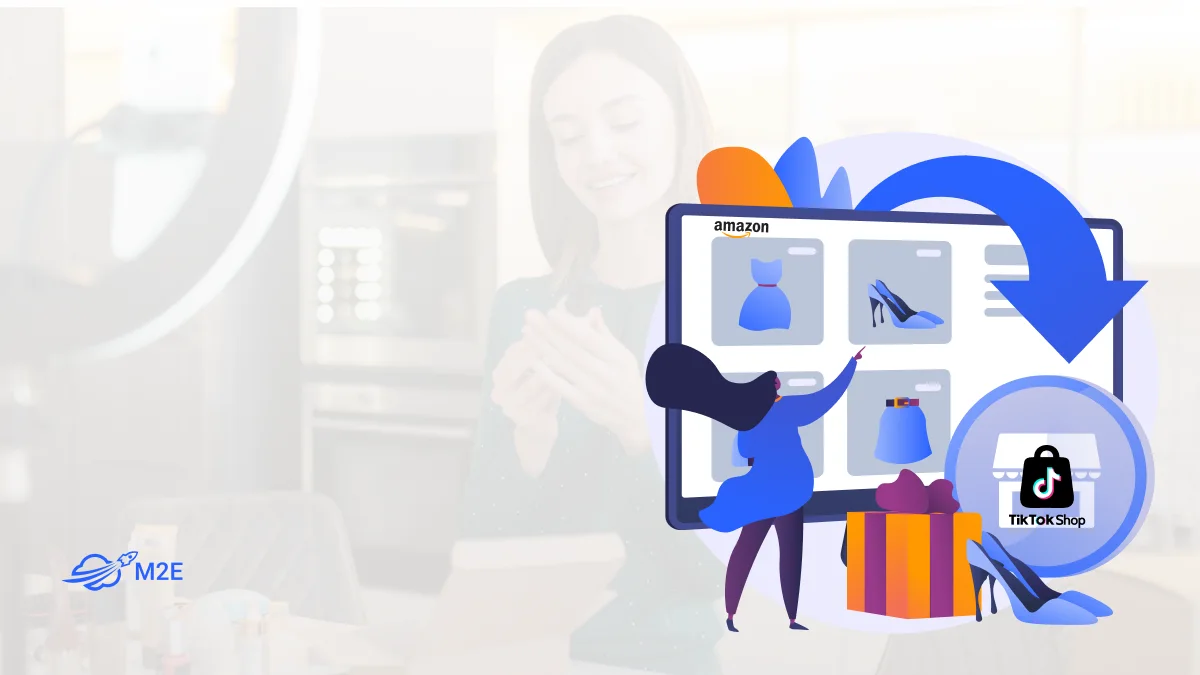 Illustration of a shopper browsing an online storefront with clothing items on a tablet, featuring Amazon and TikTok Shop logos in the scene.