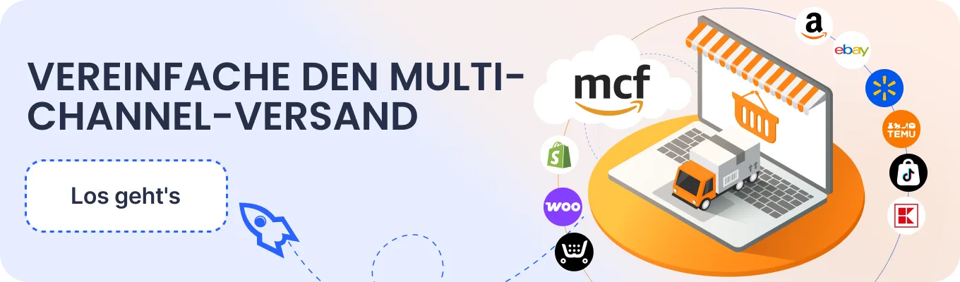 German banner showing multi-channel shipping concept with a laptop, delivery truck, and logos of ecommerce platforms around it.