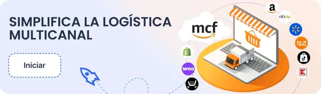 Banner promocional en español: 'Simplifica la logística multicanal' con un botón Iniciar; muestra una laptop y un camión de reparto junto a logos de tiendas.