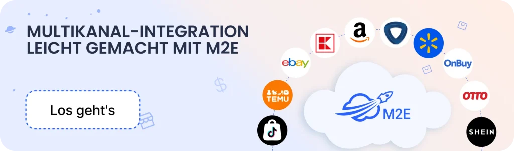 Banner advertising multichannel integration with M2E, featuring a cloud-connected network of marketplace logos and a prominent 'Los geht's' button.