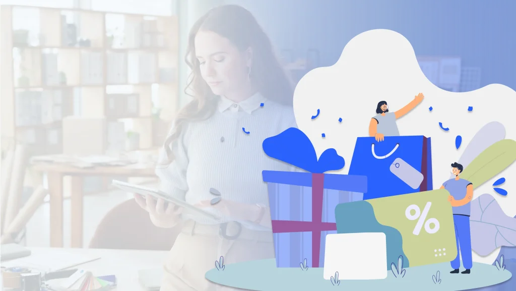 Woman in a bright office using a tablet, with a colorful, festive illustration of gifts and characters on the right side.