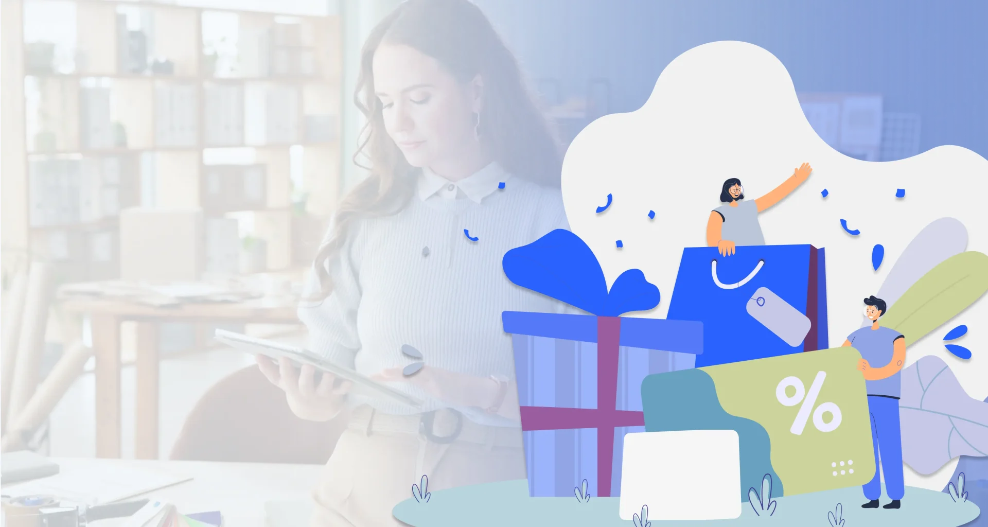 Woman in a bright office using a tablet, with a colorful, festive illustration of gifts and characters on the right side.