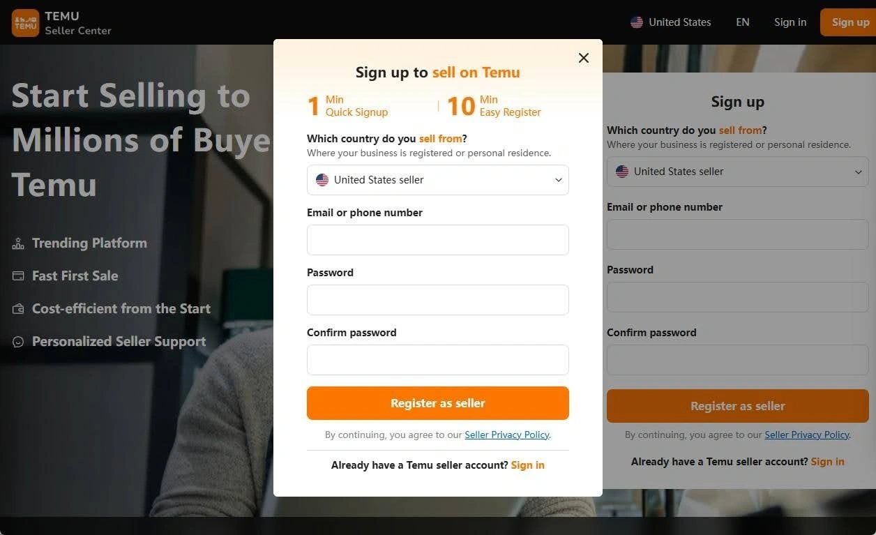 Sign up to sell on Temu