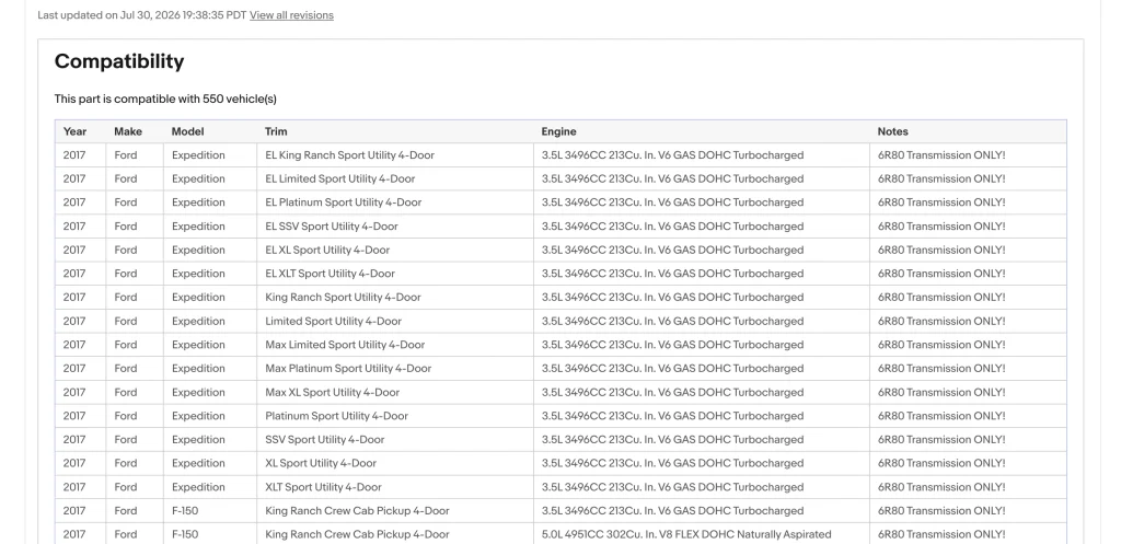 Screenshot from eBay Motors: Product Page - Transmission for Ford F-150 Mustang Compatibility
